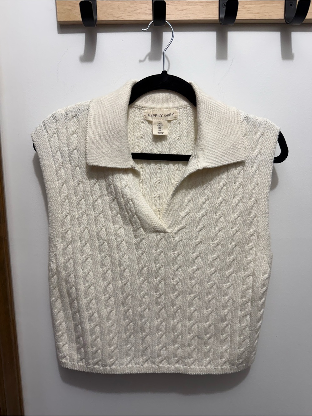 Happily Grey Cream Cable-Knit Collared V-Neck Sweater Vest